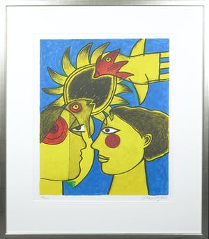 Corneille - Zeefdruk, Couple aux oiseaux - Ingelijst kopen? Bied vanaf 200!