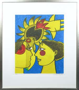 Corneille - Zeefdruk, Couple aux oiseaux - Ingelijst verkocht voor € 200!