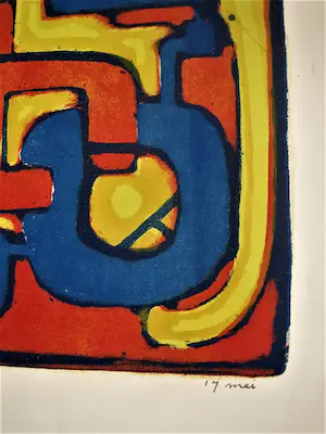 Wim Motz - Bijzondere 1957 geometrische kleuren Lithografie "Labyrinth" handgesigneerd kopen? Bied vanaf 37!