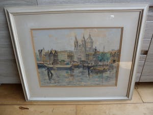 Jan den Hengst - Aquarel. zicht op de St. Nicolaaskerk te Amsterdam. kopen? Bied vanaf 35!