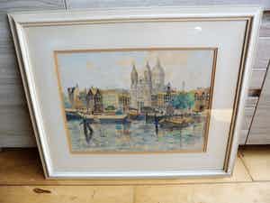 Jan den Hengst - Aquarel. zicht op de St. Nicolaaskerk te Amsterdam. verkocht voor € 35!