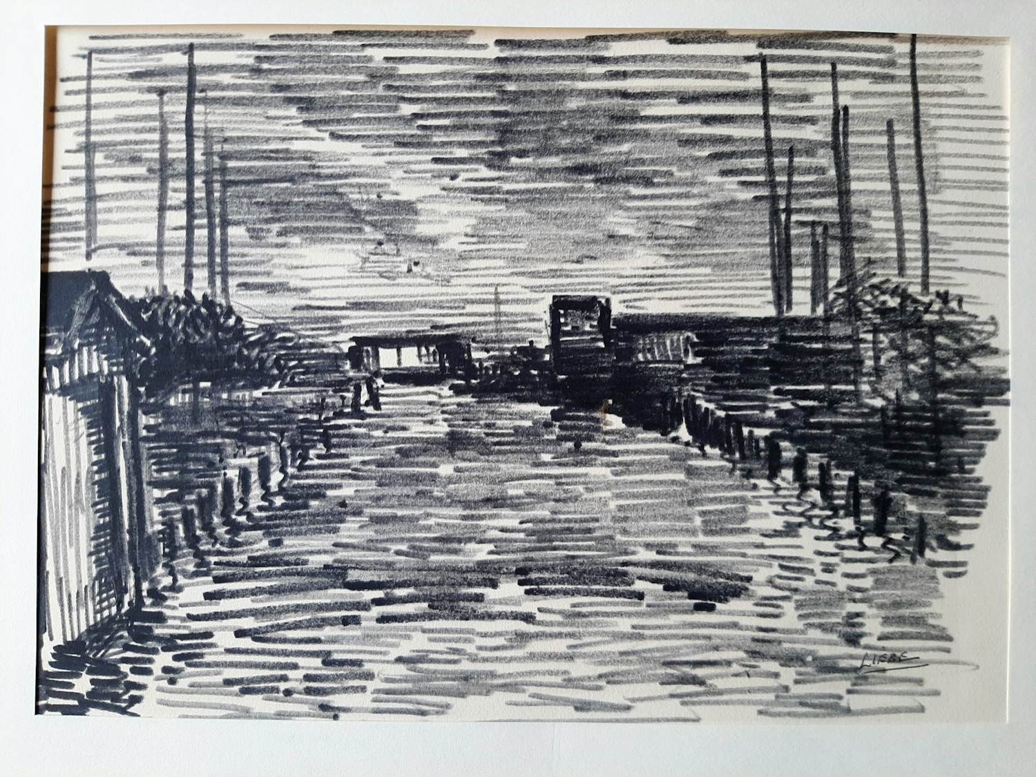 Hugo Liebe - Krijttekening, Haventje te Rijpwetering bij avond. kopen? Bied vanaf 20!