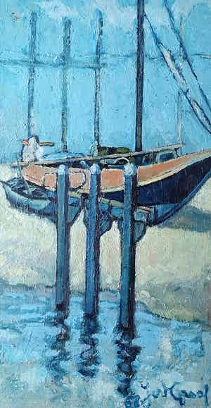 Niet of onleesbaar gesigneerd - Boten aan een meerpaal verkocht voor € 1!