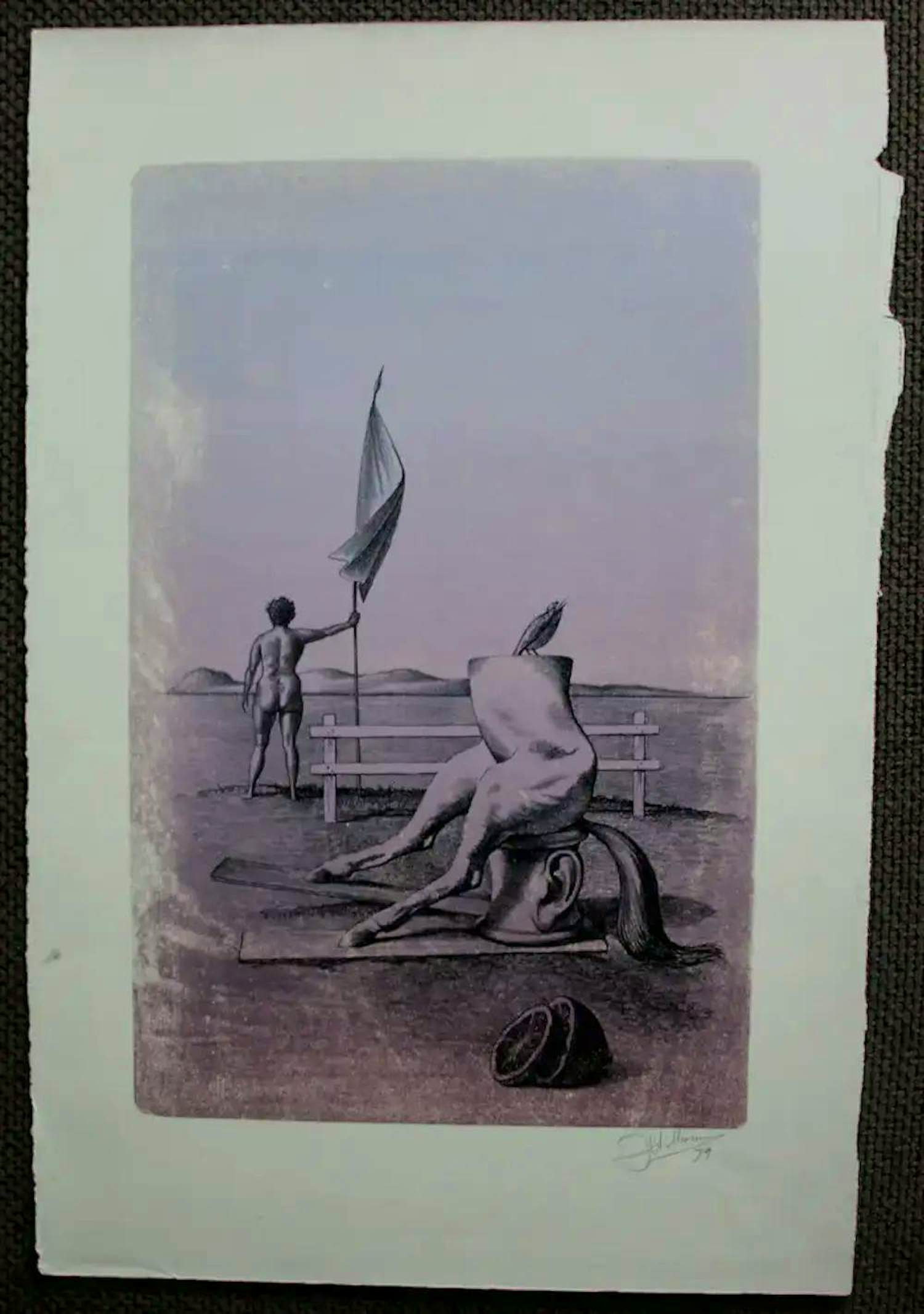 Joop Moesman - Unieke proefdruk in kleur (paars) litho: 'op wacht' - 1979 kopen? Bied vanaf 150!