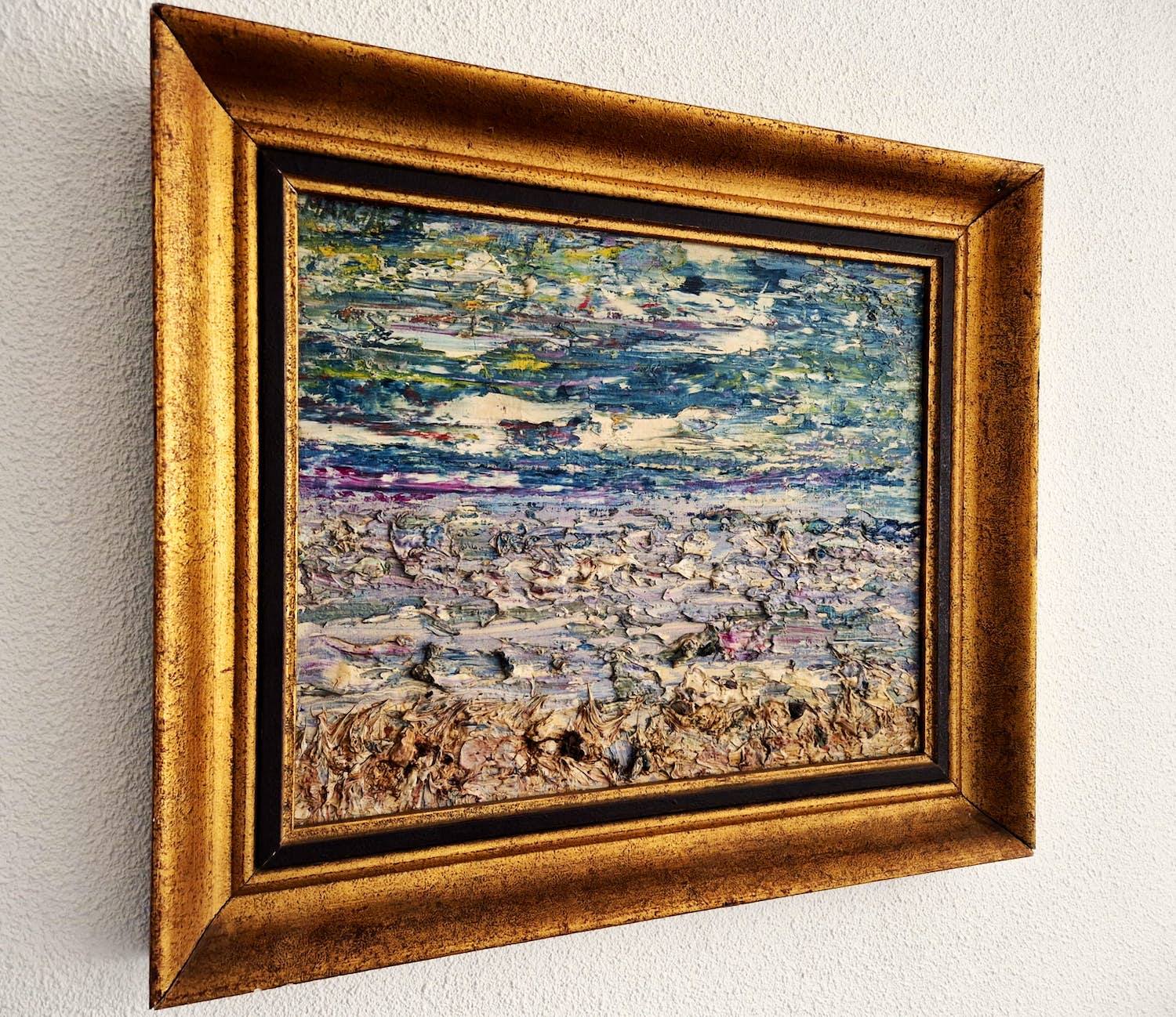 Margje Toonder-Herblot - Pasteus expressionistisch materie (schelpen en wier) schilderij "kustlandschap" verkocht voor € 85!