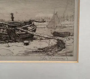 Johan Ponsioen - Besneeuwde Schuit ( Paardenwater Tiel ) - Ets kopen? Bied vanaf 60!
