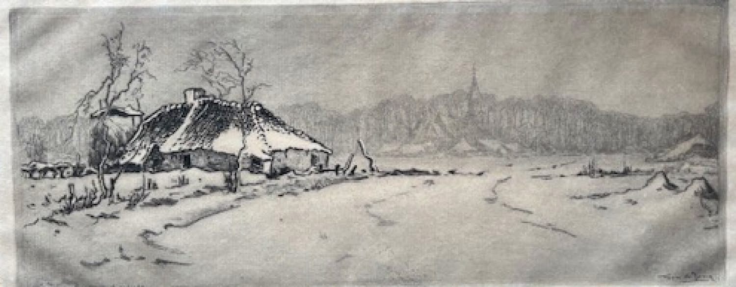Toon de Jong - Winterlandschap met boerderij met zicht op Laren (?) verkocht voor € 45!