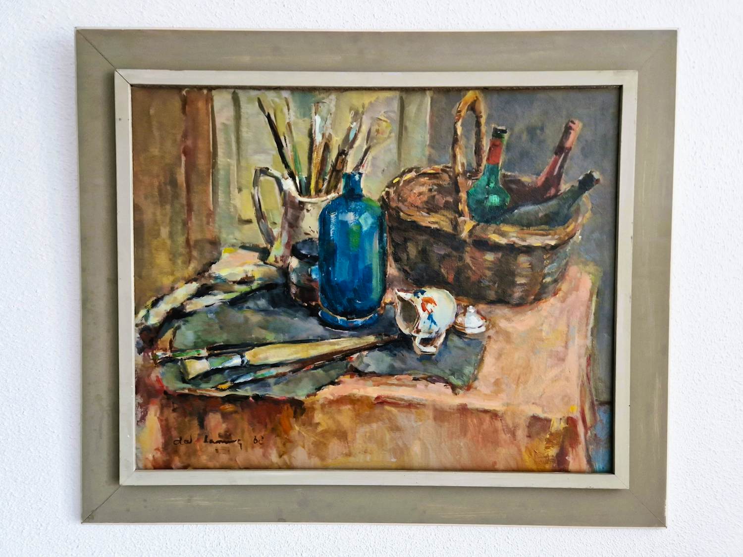 Niet of onleesbaar gesigneerd - Groot olieverf stilleven "schilders benodigdheden" gesigneerd - mooi ingelijst kopen? Bied vanaf 10!
