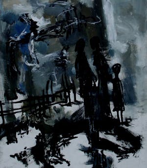 Jelle Hoogstra - Gouache: Figuren in winterlandschap - 1986 kopen? Bied vanaf 125!