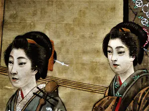 Niet of onleesbaar gesigneerd - Japan omstreeks 1930 - Fraaie verf op zijde "Geisha's maken muziek" kopen? Bied vanaf 1!