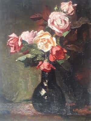 George Pletser - Bloemstilleven met rozen in vaas. verkocht voor € 325!