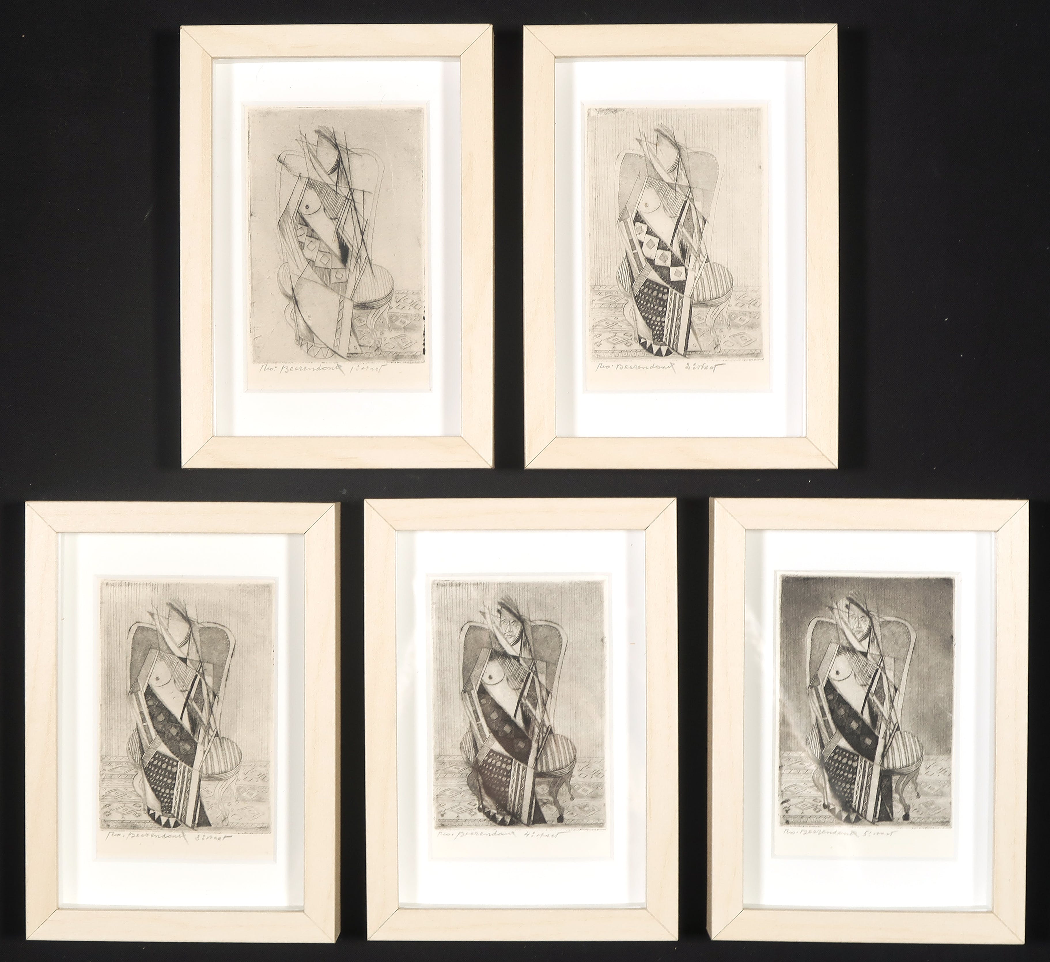 Theo Beerendonk - 5 etsen in kubistische stijl - Ingelijst verkocht voor € 140!