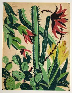 Jeanne Bieruma Oosting - Ingelijste linoleumsnede , ‘Exotische tuin’ – 1957 verkocht voor € 75!