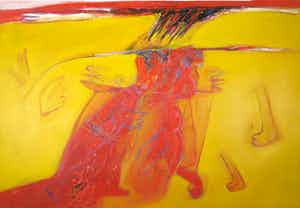 Franscz Witte - Acryl op papier, Figuren in rood en geel verkocht voor € 40!