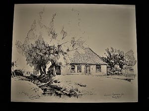Niet of onleesbaar gesigneerd - Grote inkttekening "Boerderij in Opperdoes Noord Holland" gesigneerd kopen? Bied vanaf 1!