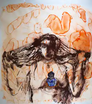 Aline Thomassen - Unica ,penseeltekening zonder titel, gesigneerd en ingelijst (zeer groot) verkauft für € 290!