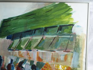 Niet of onleesbaar gesigneerd - Acrylverf en collage , De markt op een regenachtige dag – ingelijst - Groot kopen? Bied vanaf 1!