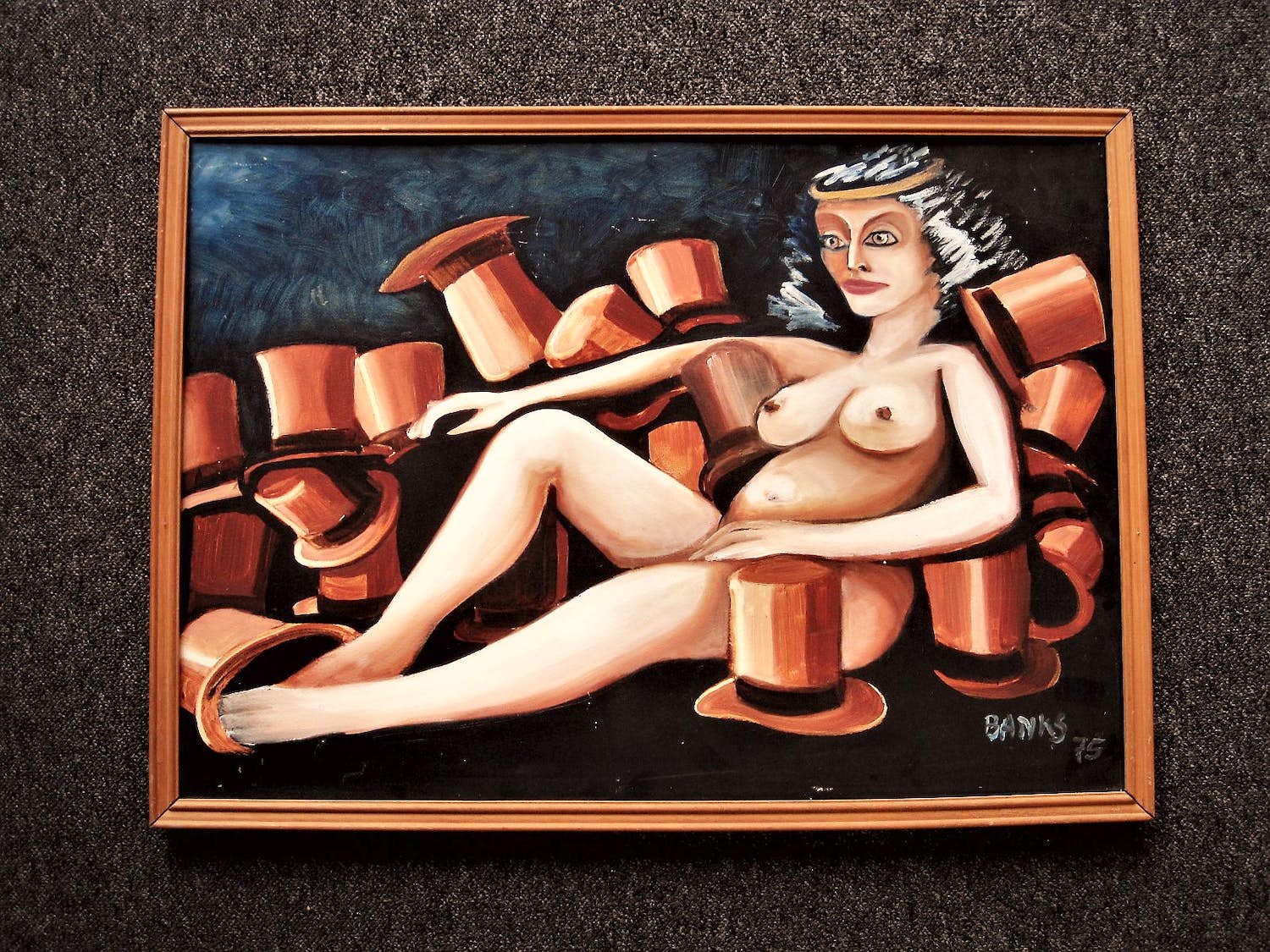 Niet of onleesbaar gesigneerd - Leuk 1975 olieverf op board "liggend vrouwelijk naakt" ges. Banks kopen? Bied vanaf 1!