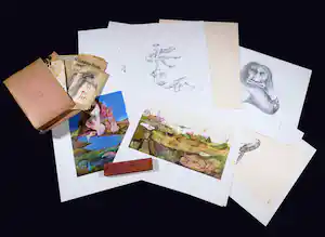 Melle Oldeboerrigter - Lot met handbeschilderde pennendoos en 2 originele litho's verkauft für € 182!