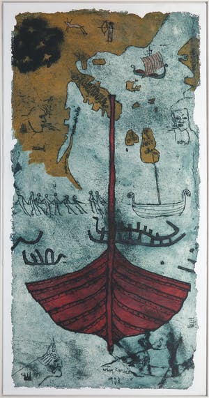 Wim Zurne - Gemengde techniek op doek, Vikingen - Ingelijst (Zeer groot) kopen? Bied vanaf 50!