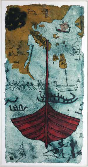 Wim Zurne - Gemengde techniek op doek, Vikingen - Ingelijst (Zeer groot) verkocht voor € 50!