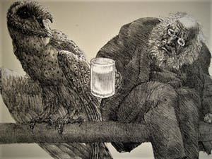 Peter Vos - bekend Utrechts Graficus & illustrator - Litho - "Oude man & uil" - VANAF 10€!!! kopen? Bied vanaf 10!