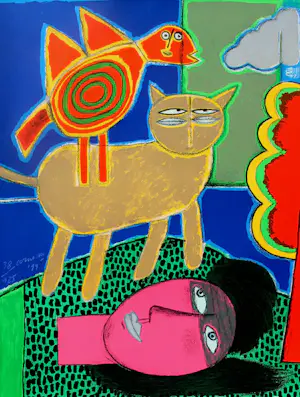 Corneille - litho: "l'Oiseau, le chat et la tete rose" - 1999 kaufen? Bieten Sie von 375!