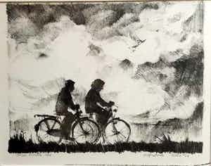 Joke Struik - Zondagmiddag op de fiets - Litho, Ingelijst verkocht voor € 45!