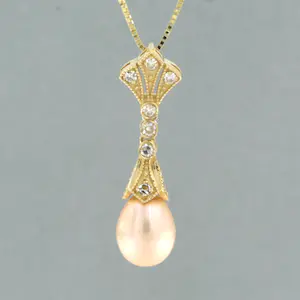 14k gouden collier en hanger met parel en single cut geslepen diamant tot.0.20ct kopen? Bied vanaf 280!