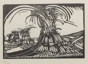 Dick Ket - Linoleumsnede, Korenschoven te Ede - Ingelijst kopen? Bied vanaf 35!