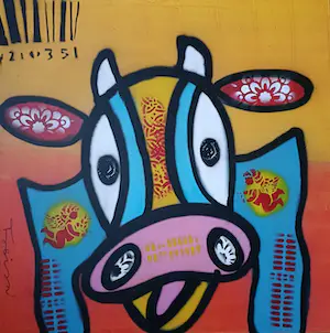 Niet of onleesbaar gesigneerd - Kleurrijk schilderij van een happy cow kaufen? Bieten Sie von 1!