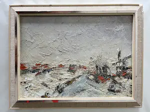 Niet of onleesbaar gesigneerd - Abstracte landschap met molen - Olieverf op paneel, Ingelijs kopen? Bied vanaf 1!