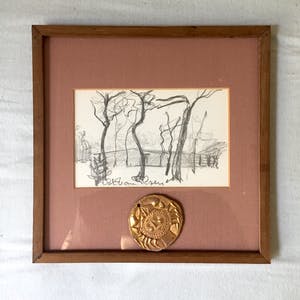 Staf Van Elzen - Landschap met medaille - Tekening, Ingelijst kopen? Bied vanaf 35!