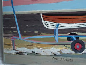 Greetje Grijpma - (1931-2013) Olieverf op paneel, ingelijst , “Boot aan zee” – 1981 kopen? Bied vanaf 50!