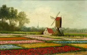 Dicky van Ierssel-Rogmans - Ingelijst, olieverf op paneel, Landschap met bloembollenvelden verkauft für € 161!