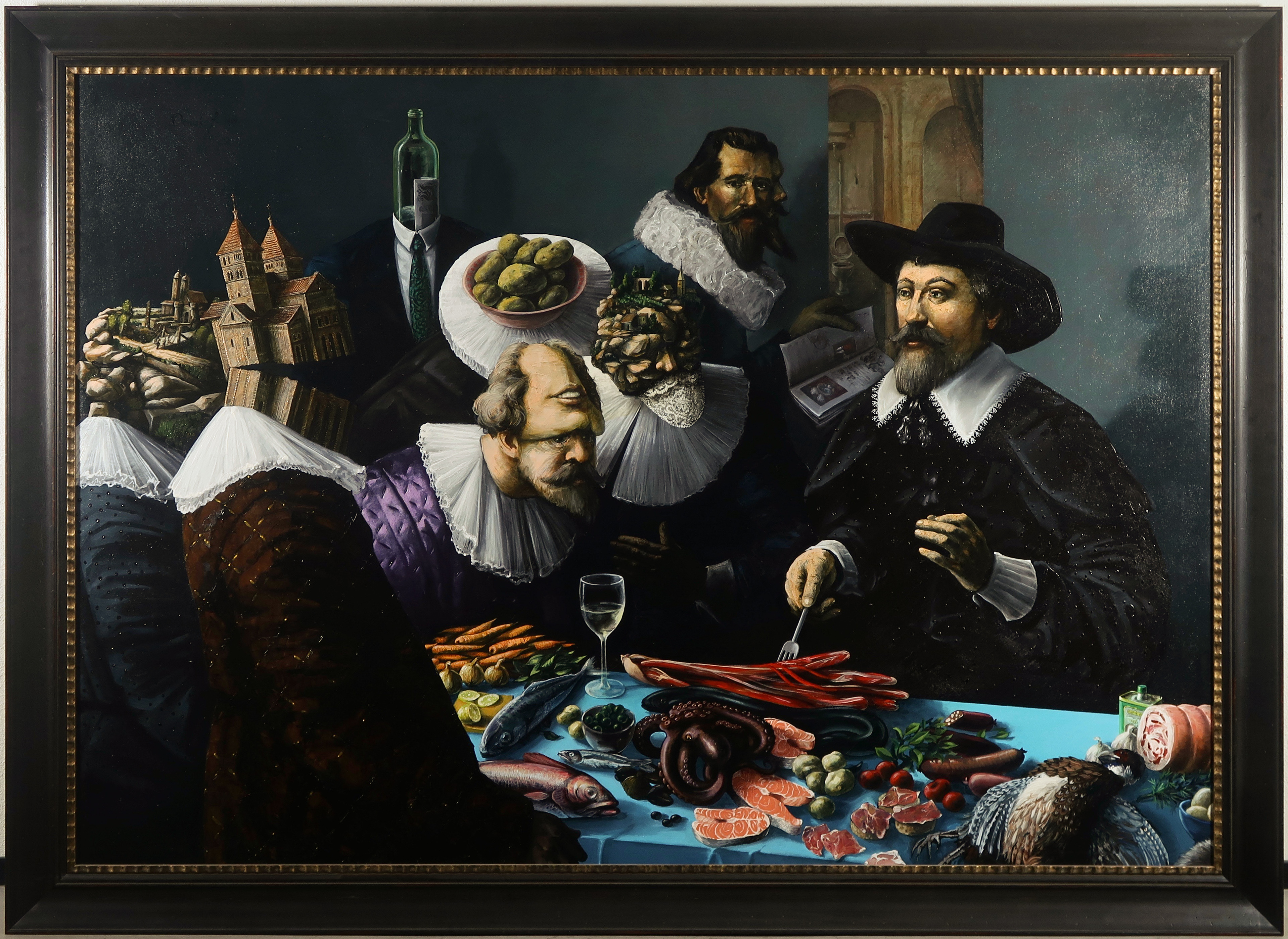 Demiak - Olieverf op doek, De gastronomische les - Ingelijst (Zeer groot) verkocht voor € 1000!