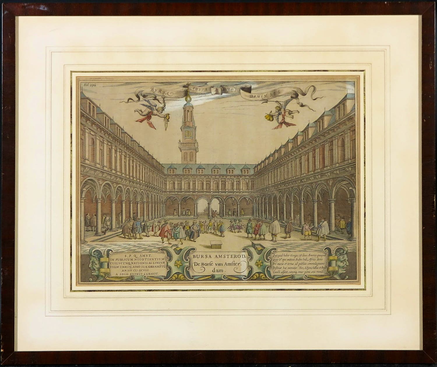 Boetius Adamsz. Bolswert - (naar) Handgekleurde gravure, Byrsa Amsterodamensis - Ingelijst verkocht voor € 1!