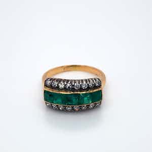 14kt bicolor vintage ring met smaragd en diamant, mt 52,5/16.75. 3,89gr verkocht voor € 320!