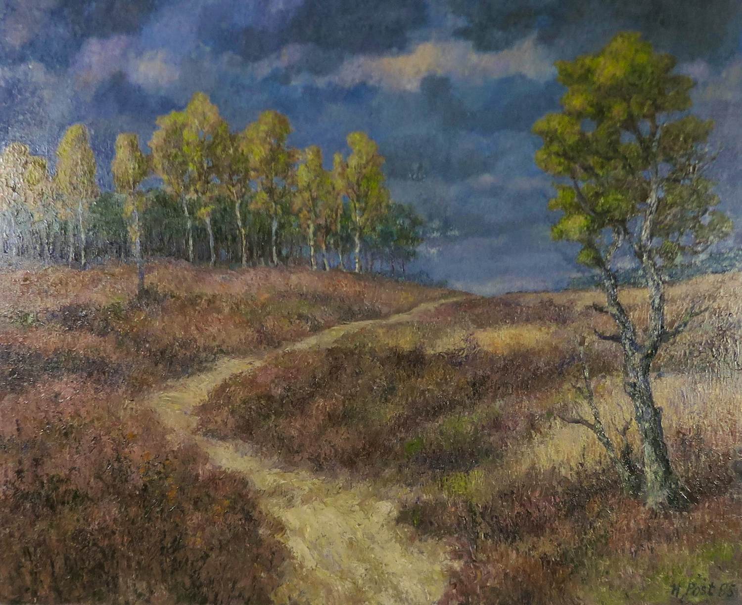 Harmen Klaas Post - Olieverf op paneel, Heidelandschap met voetpad - Ingelijst kopen? Bied vanaf 120!