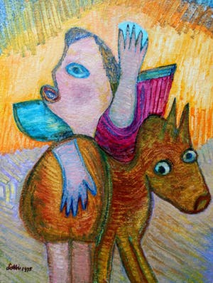 Lotti van der Gaag - acryl op papier: Le depart sur le Chameau - 1995 kopen? Bied vanaf 295!