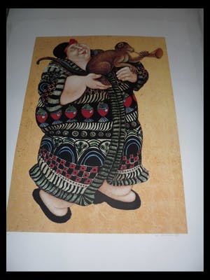 Ada Breedveld - Zeefdruk. z.t. (Dame in kimono met aap) kopen? Bied vanaf 30!