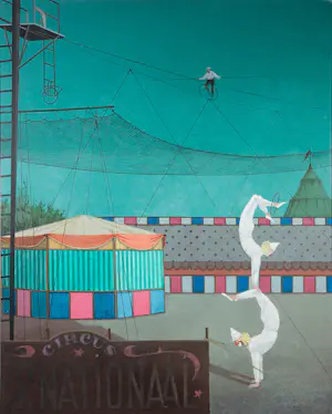 Buy Kees Balvers - Acryl op doek, Circus met twee acrobaten - Ingelijst? Bid from 100!