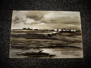 Jelle Hoogstra - Grote verstilde Gouache "aanleg Europoort Rotterdam 1963" gesigneerd kopen? Bied vanaf 46!