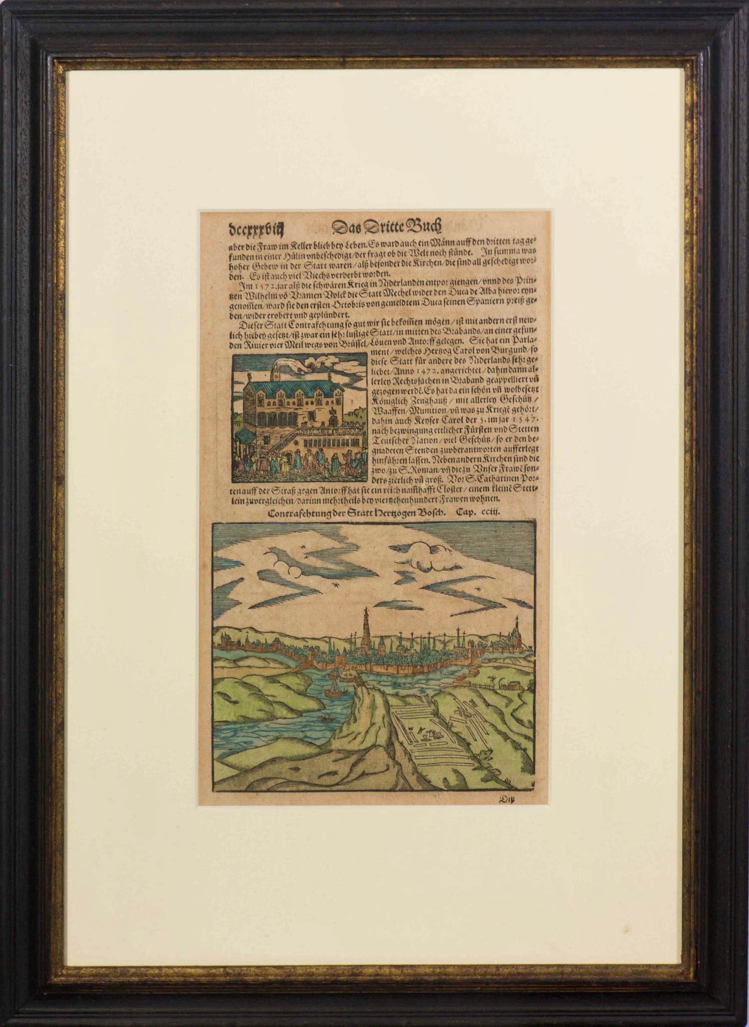 Sebastian Munster - Houtsnede, Prospekt van 's Hertogenbosch, uit: Cosmographia" - Ingelijst kopen? Bied vanaf 25!