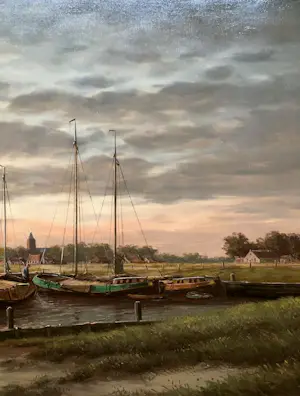 Herman Wijngaard - Riviergezicht bij Zonsondergang - Olieverf kopen? Bied vanaf 425!