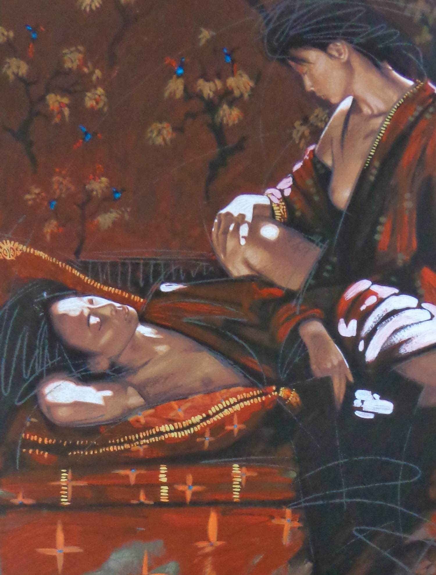 Nico Vrielink - HALFNAAKTE VROUWEN MET KIMONO / KLEURZEEFDRUK / 101x71cm / SIG kopen? Bied vanaf 45!