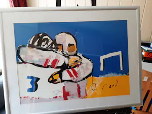 Herman Brood - Zeefdruk, "Americain Football". Ingelijst is groot werk kopen? Bied vanaf 375!