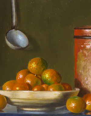 L. Javier Cornejo - Olieverf op hardboard, Stilleven met mandarijnen en brood kopen? Bied vanaf 150!