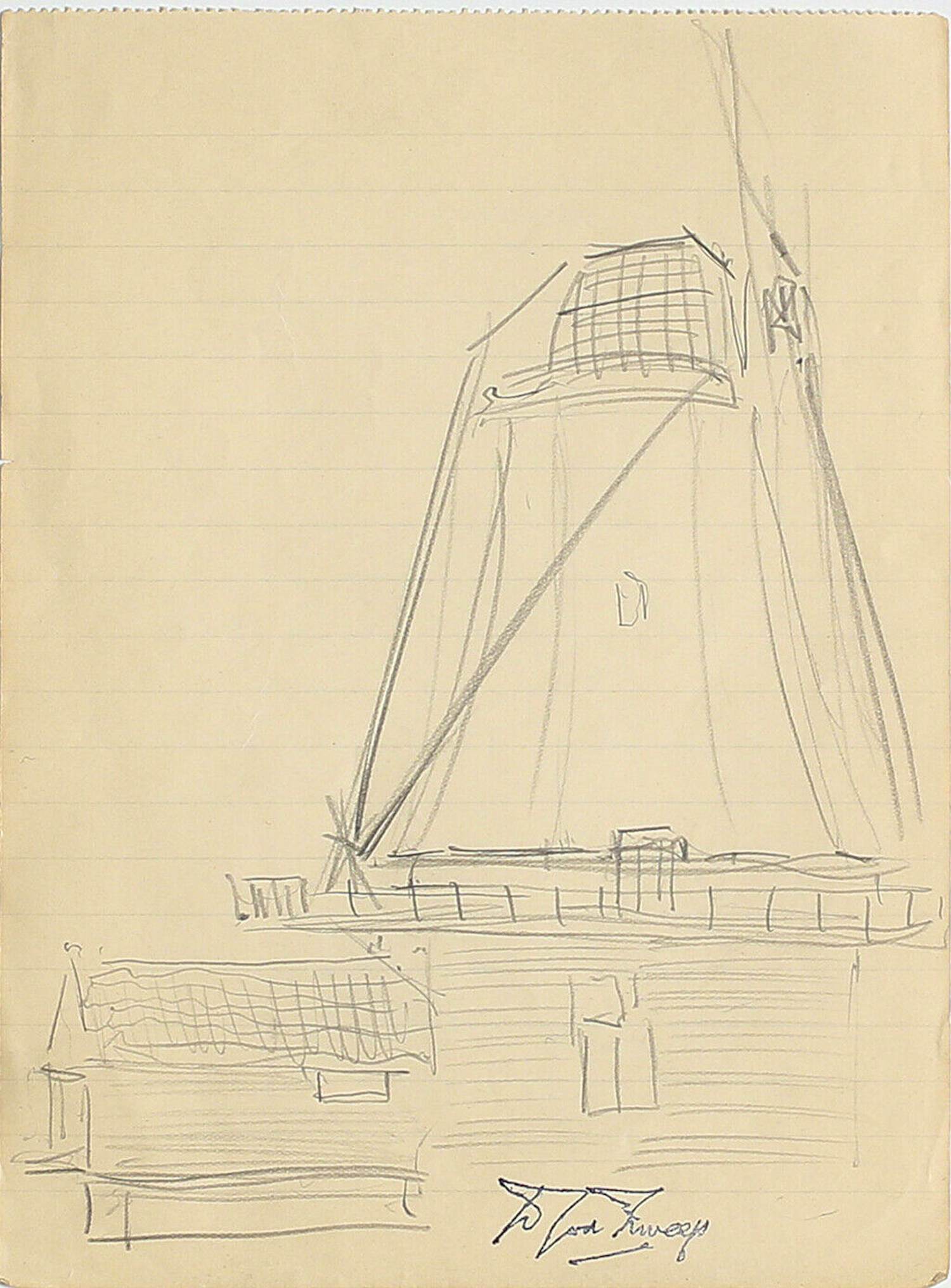 Douwe Jan van der Zweep - Potloodtekening: Molen kopen? Bied vanaf 39!