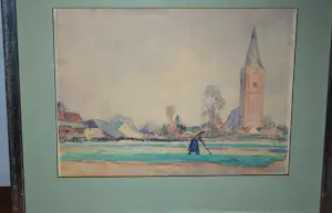 Jacob Kuijper - dorpsgezicht met een vrouw op het land - aquarel kopen? Bied vanaf 60!